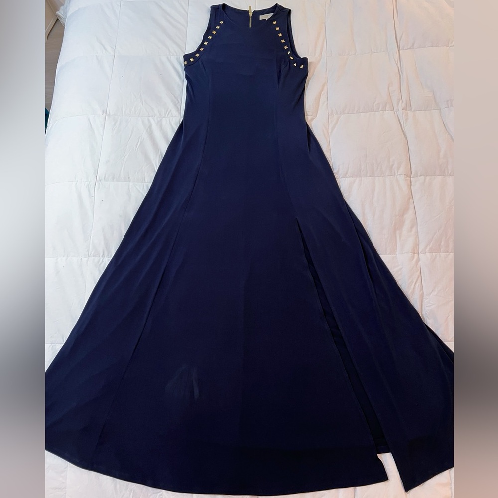 NWT MICHAEL Michael Kors Navy Blue Gold Studded Maxi Dress Size Medium